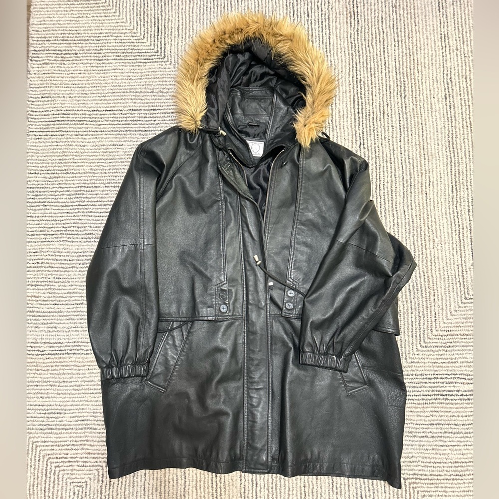 CBO New York Vintage Women’s Leather Parka Coat w/ Faux Fur Hood Oversized 3X